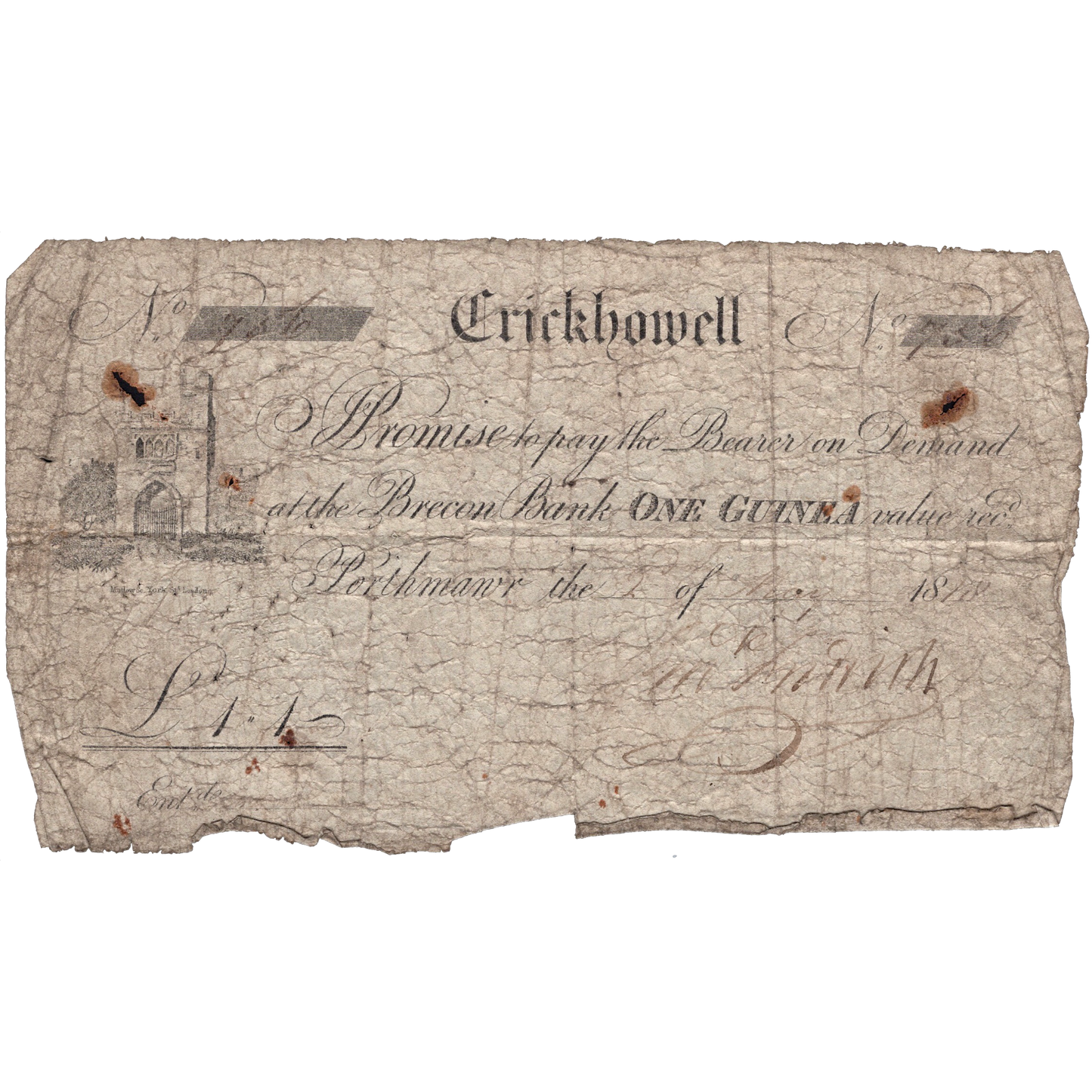 Crickhowell Bank 1818 1 guinea banknote Outing 618a