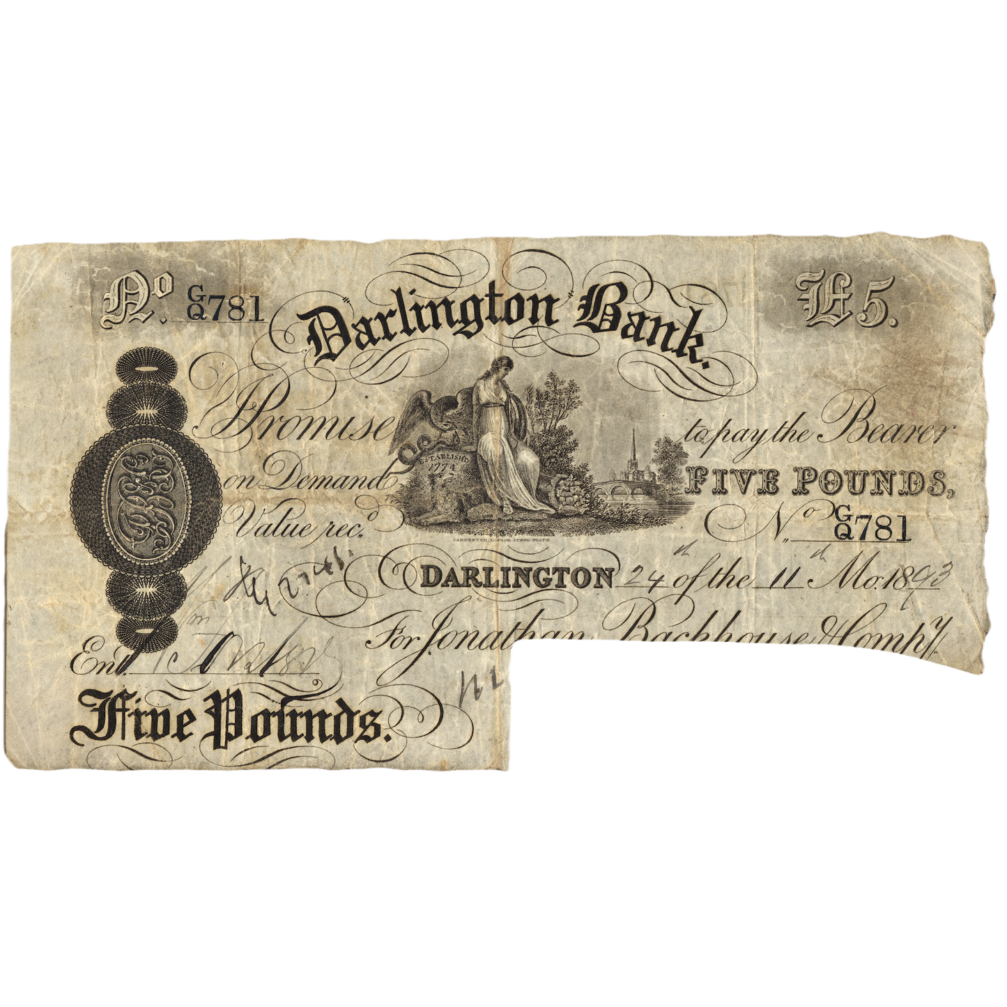 Darlington Bank 1887 £5 banknote Outing 629r