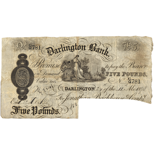 Darlington Bank 1887 £5 banknote Outing 629r