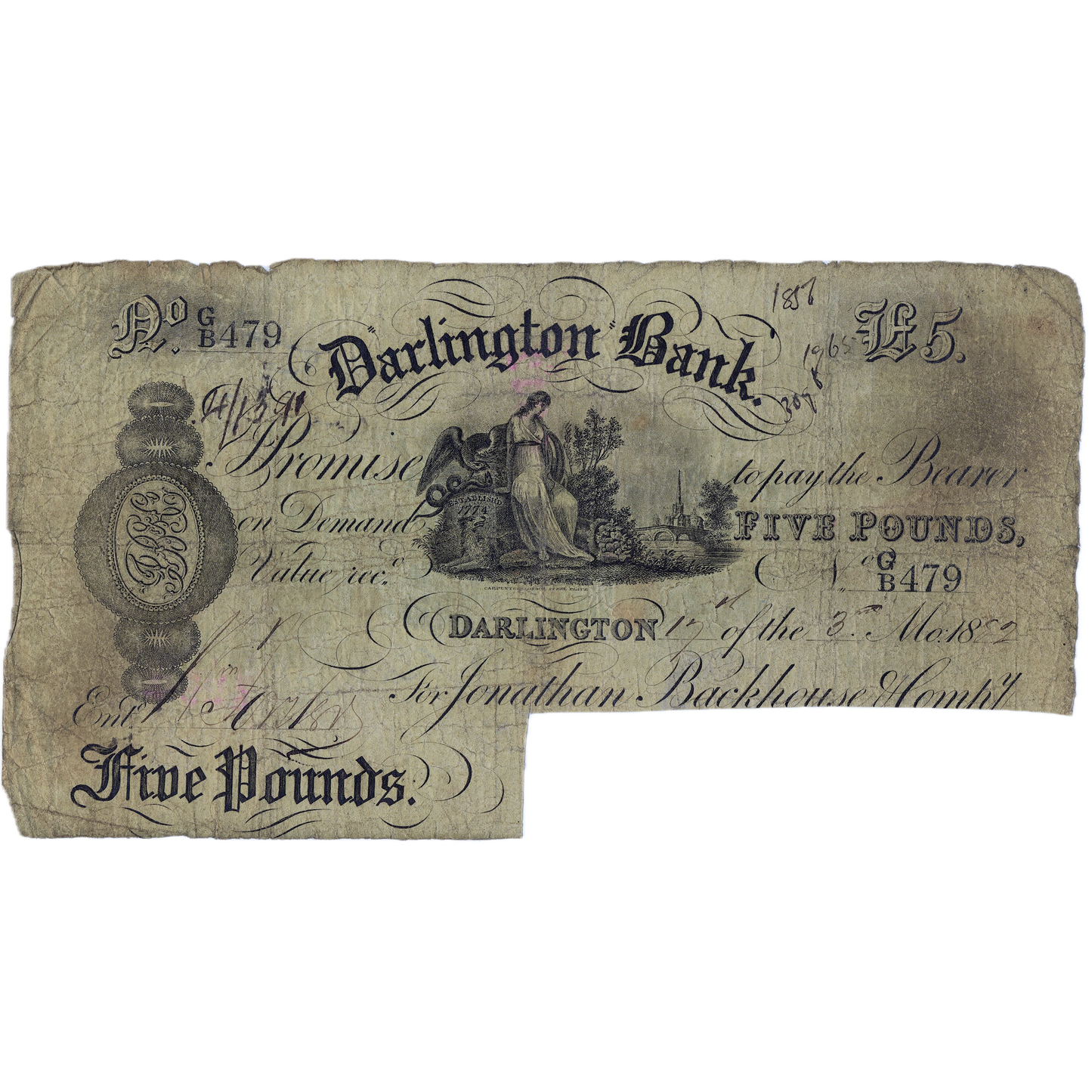 Darlington Bank 1882 £5 banknote F Outing 629r