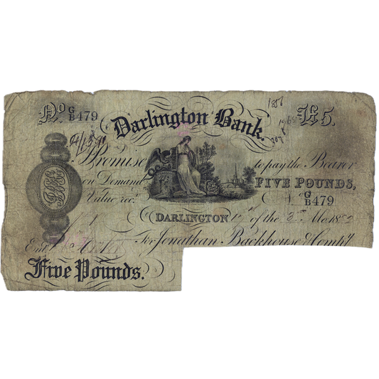 Darlington Bank 1882 £5 banknote F Outing 629r