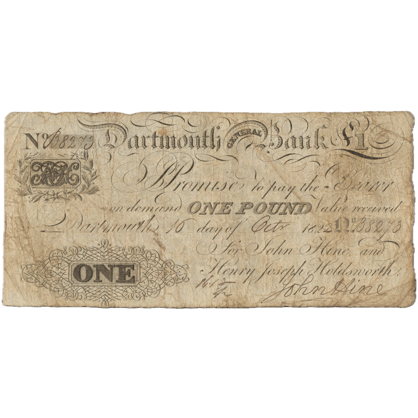 Dartmouth General Bank 1823 £1 banknote NVF Outing 639a