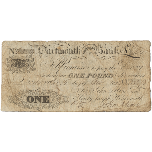 Dartmouth General Bank 1823 £1 banknote NVF Outing 639a