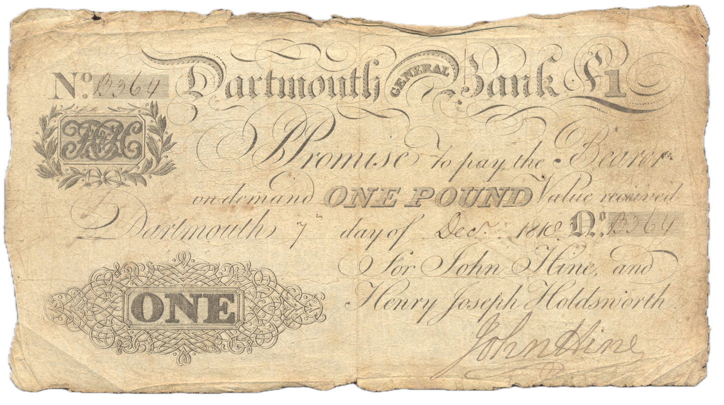 Dartmouth General Bank 1818 £1 banknote GF Outing 639a