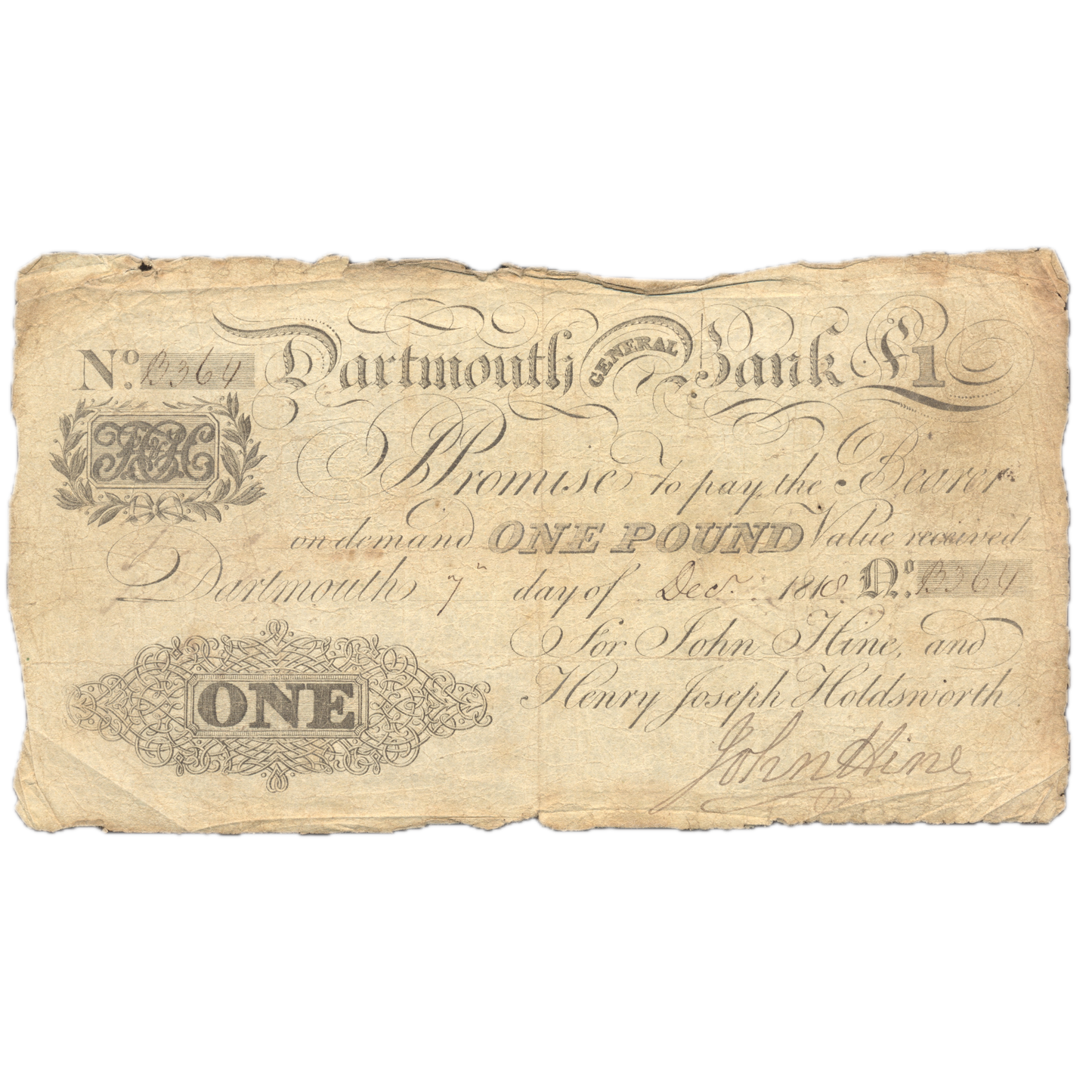 Dartmouth General Bank 1818 £1 banknote GF Outing 639a