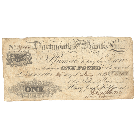 Dartmouth General Bank 1823 £1 banknote NVF Outing 639a