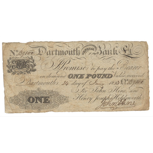 Dartmouth General Bank 1823 £1 banknote NVF Outing 639a