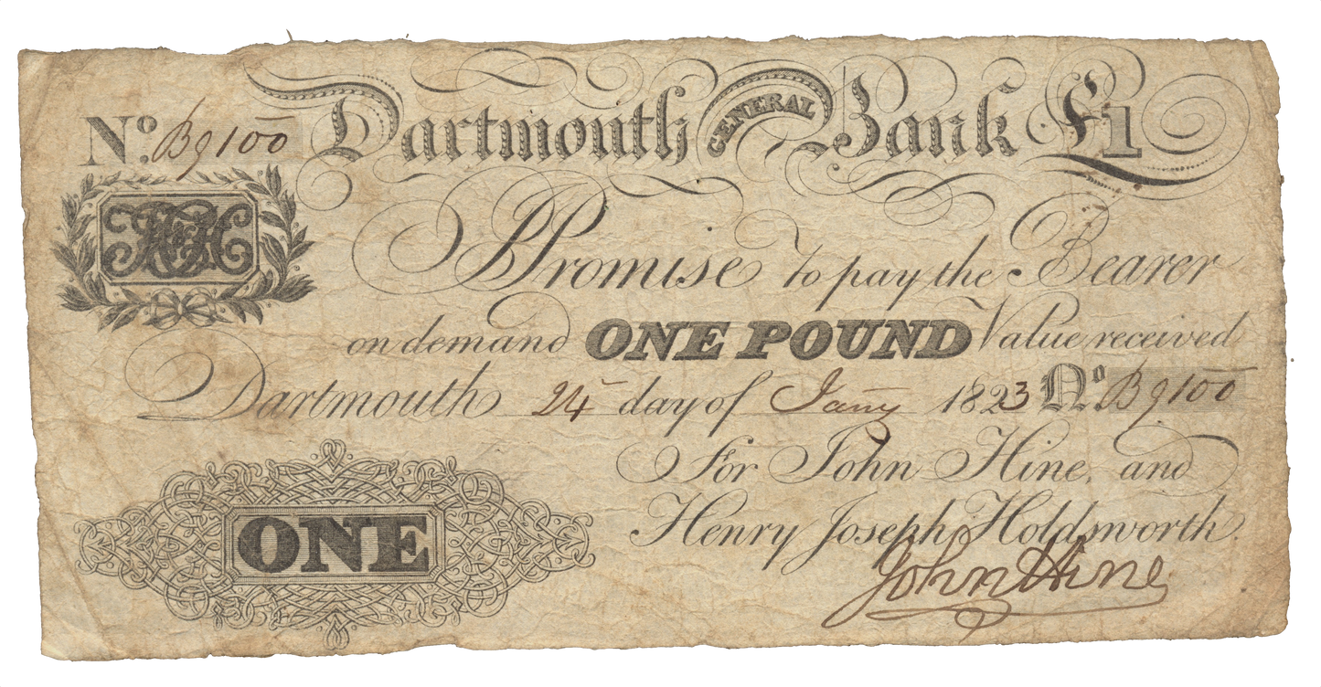 Dartmouth General Bank 1823 £1 banknote NVF Outing 639a