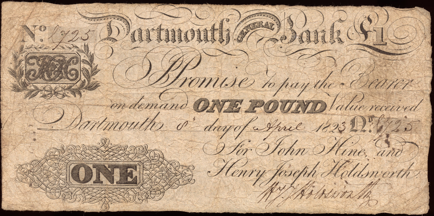 Dartmouth General Bank 1823 £1 banknote GF Outing 639a
