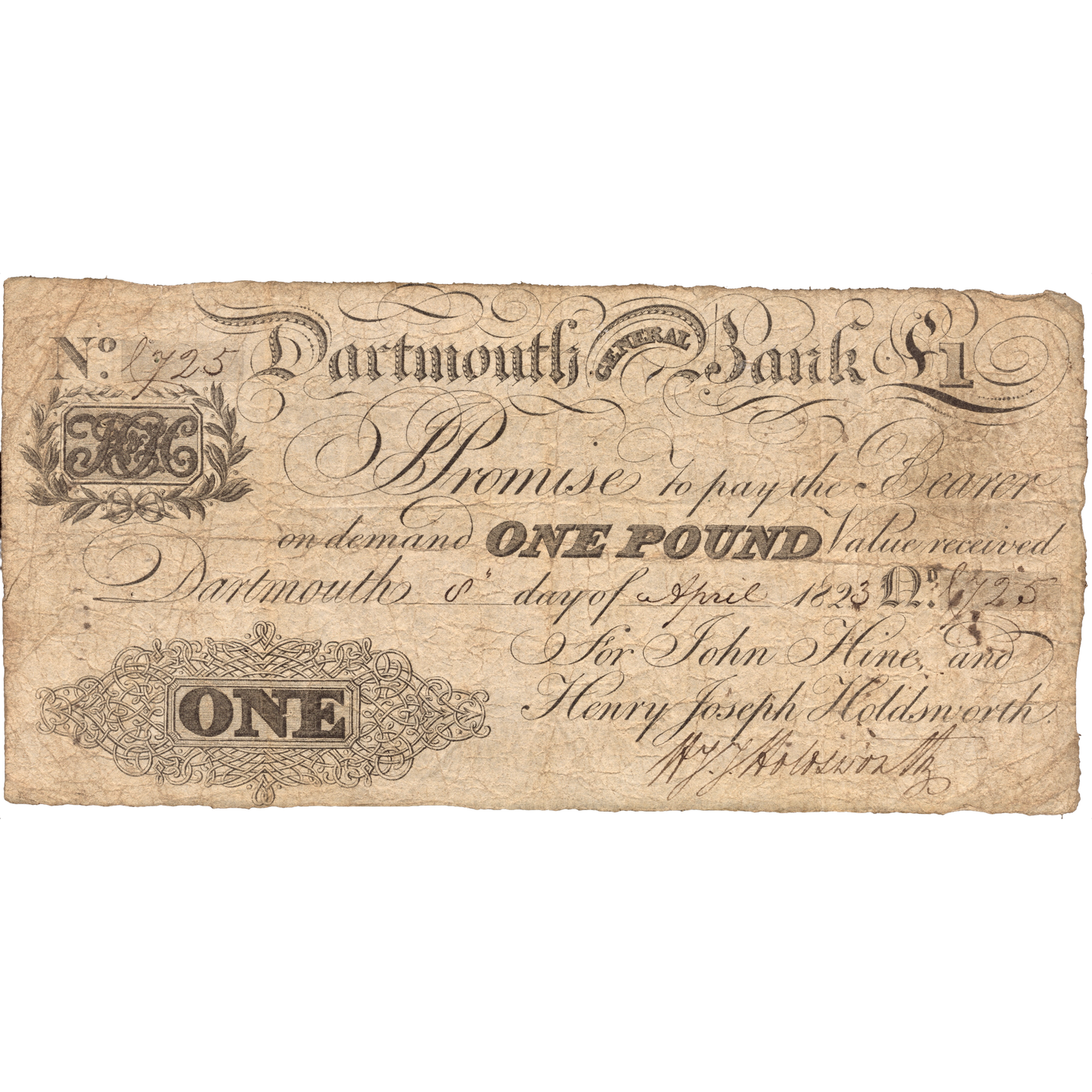 Dartmouth General Bank 1823 £1 banknote GF Outing 639a