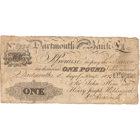 Dartmouth General Bank 1823 £1 banknote GF Outing 639a
