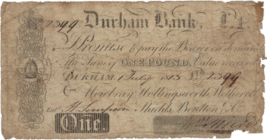 Durham Bank 1813 £1 banknote Outing 721e