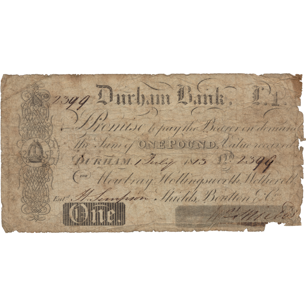 Durham Bank 1813 £1 banknote Outing 721e