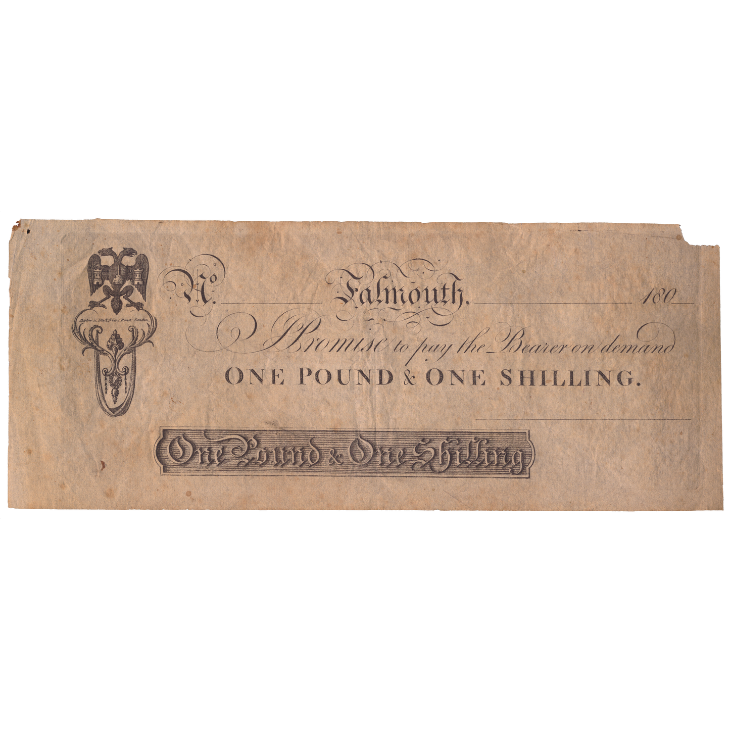Falmouth Bank 180- £1 & 1/- banknote Outing unlisted