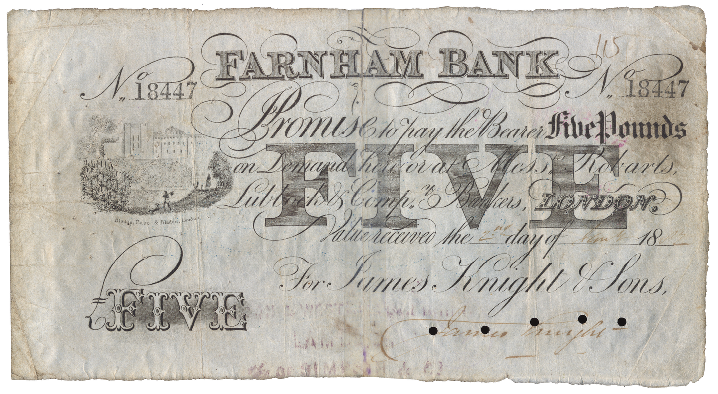 Farnham Bank 18-- £5 banknote Outing 784e