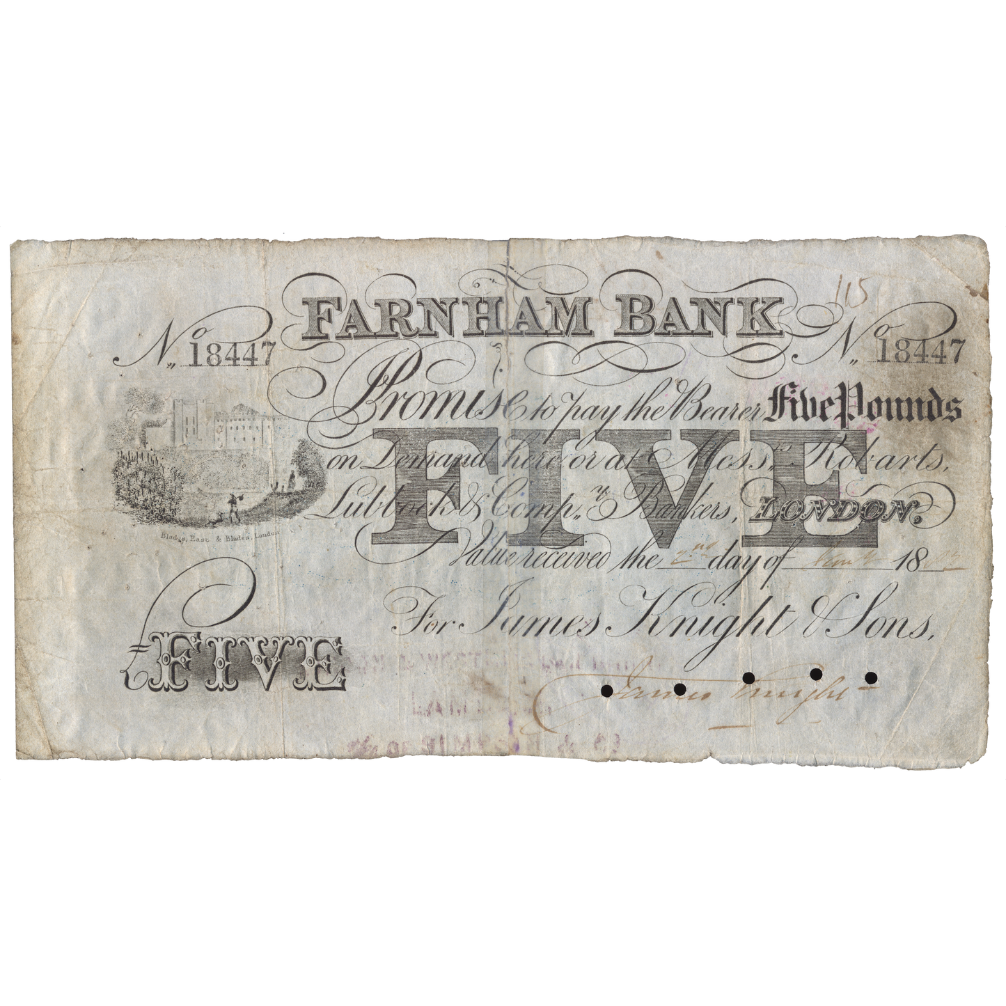 Farnham Bank 18-- £5 banknote Outing 784e