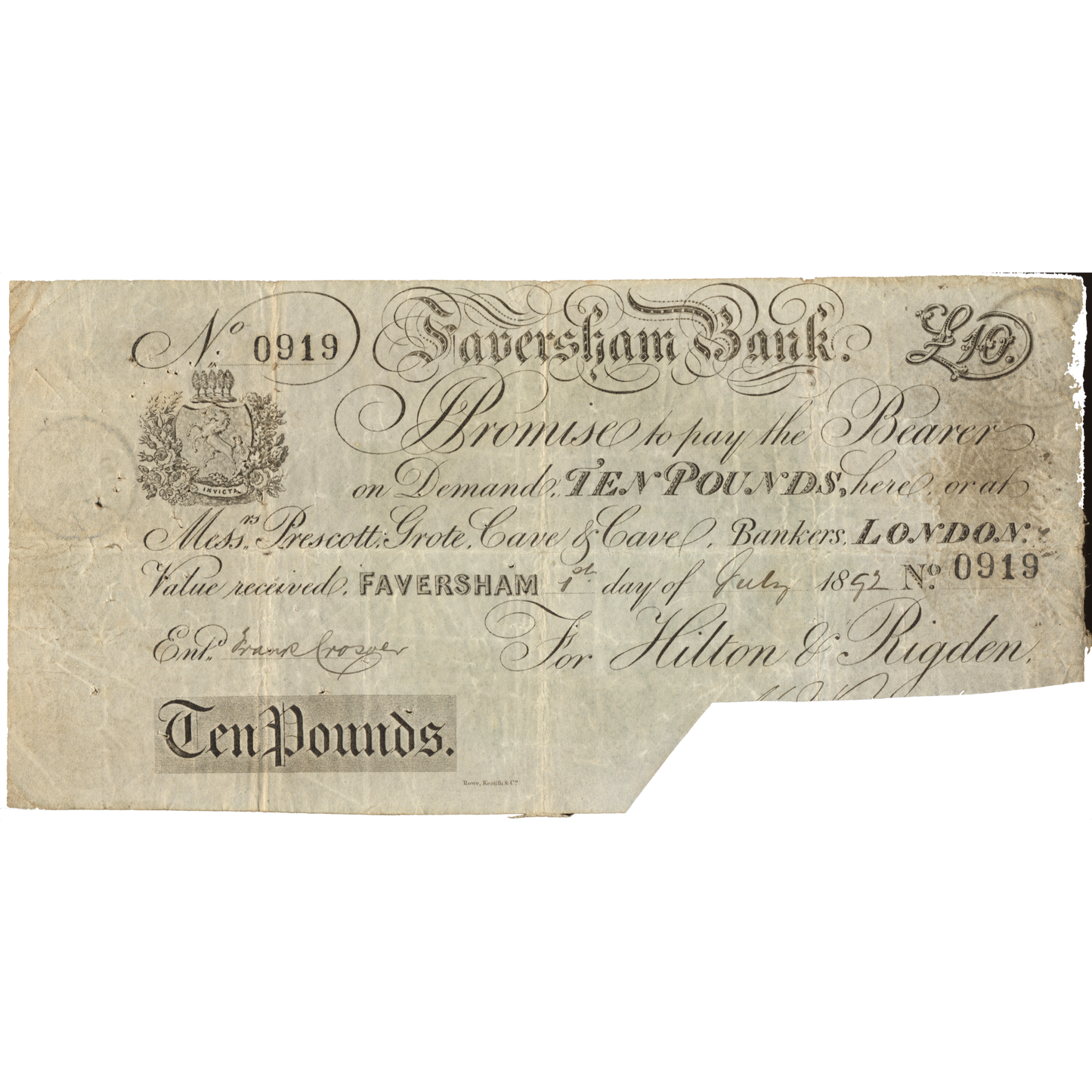 Faversham Bank 1892 £10 banknote Outing 786f