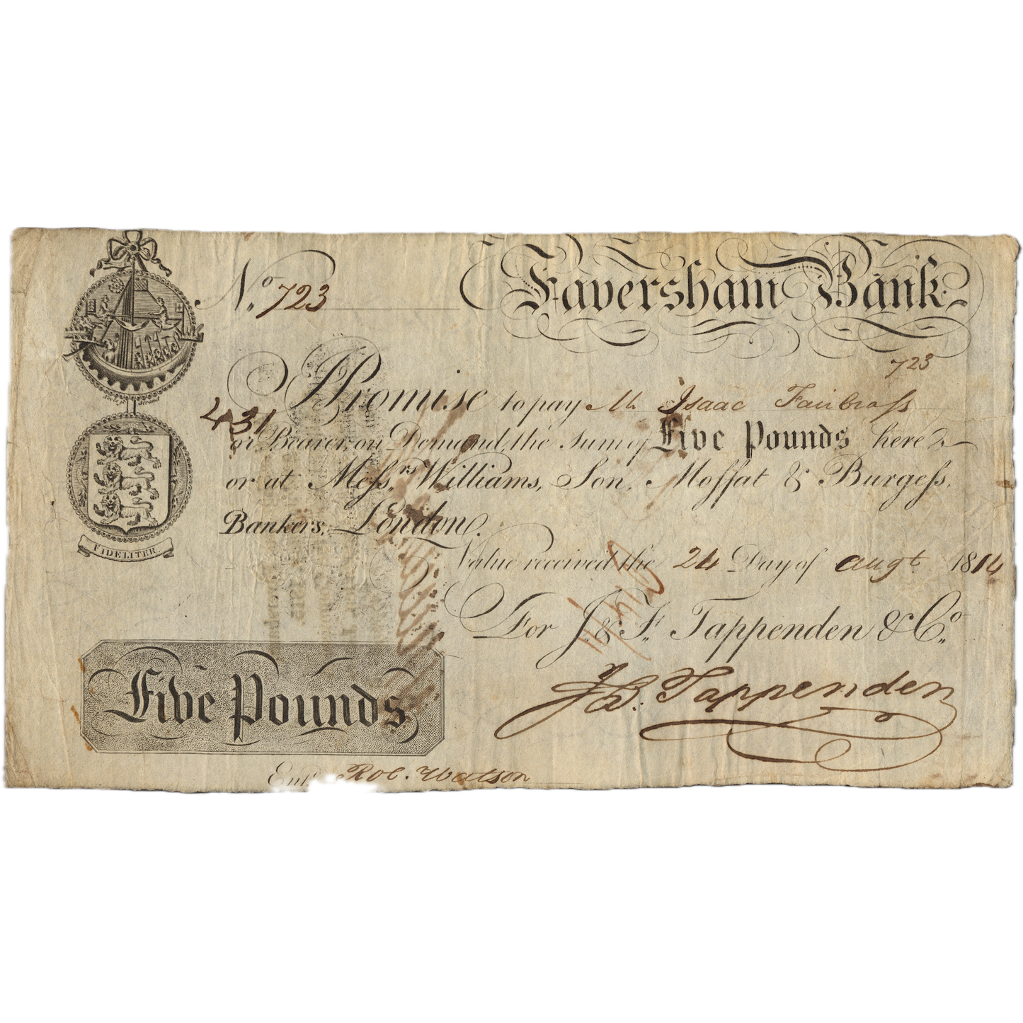 Faversham Bank 1814 £5 banknote Outing 785b