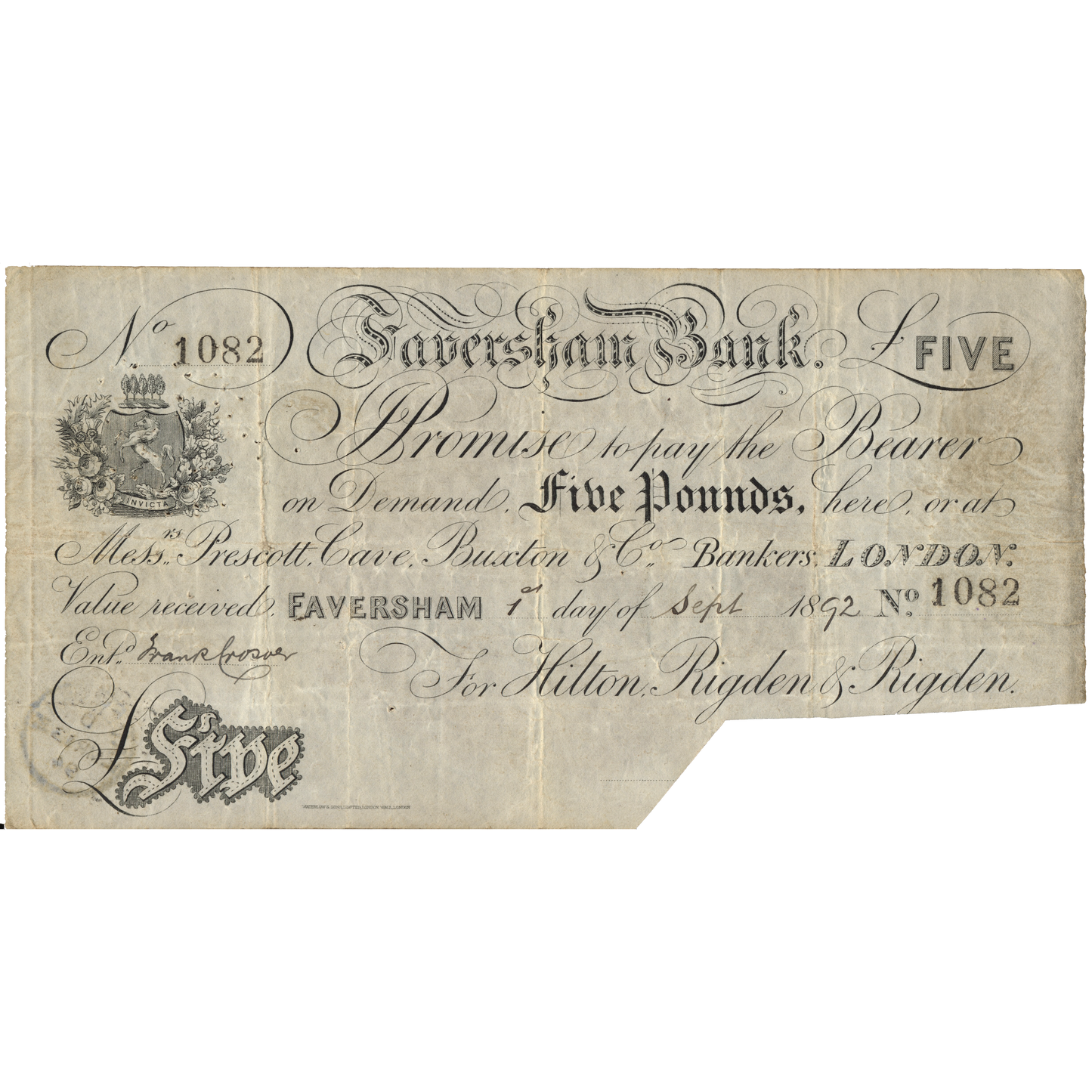 Faversham Bank 1892 £5 banknote Outing 786d