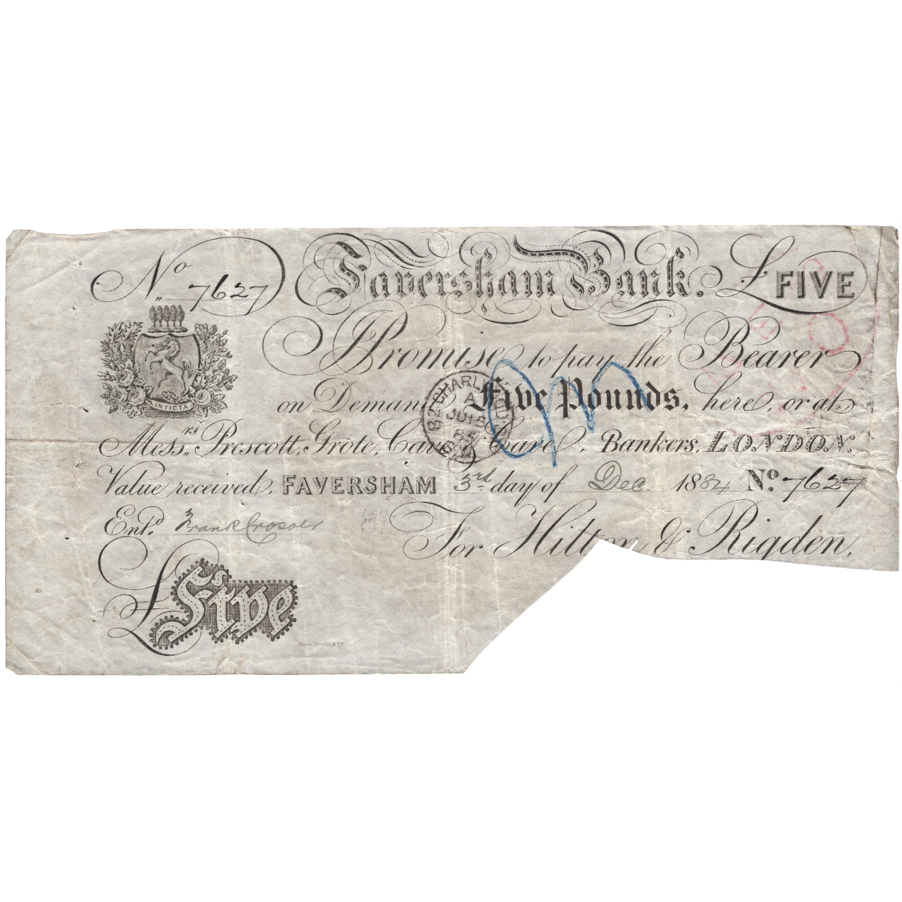 Faversham Bank 1884 £5 banknote Outing 786d