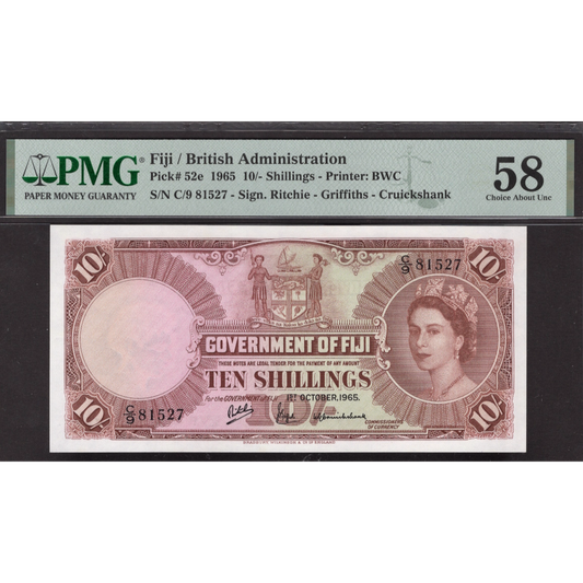 FIJI P.52e 1965 10 Shillings Choice AUNC 58
