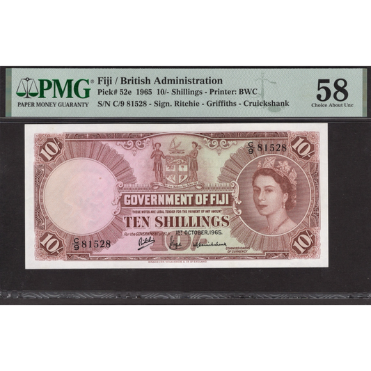 FIJI P.52e 1965 10 Shillings Choice AUNC 58