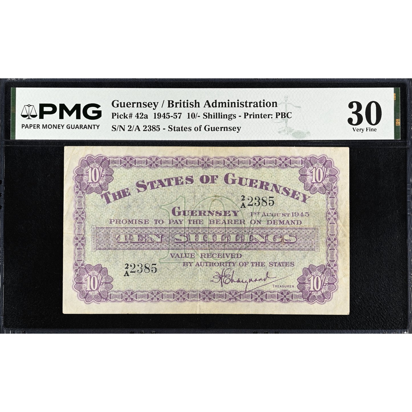 GUERNSEY P.42a GU32a 1945 10s 2/A VF 30