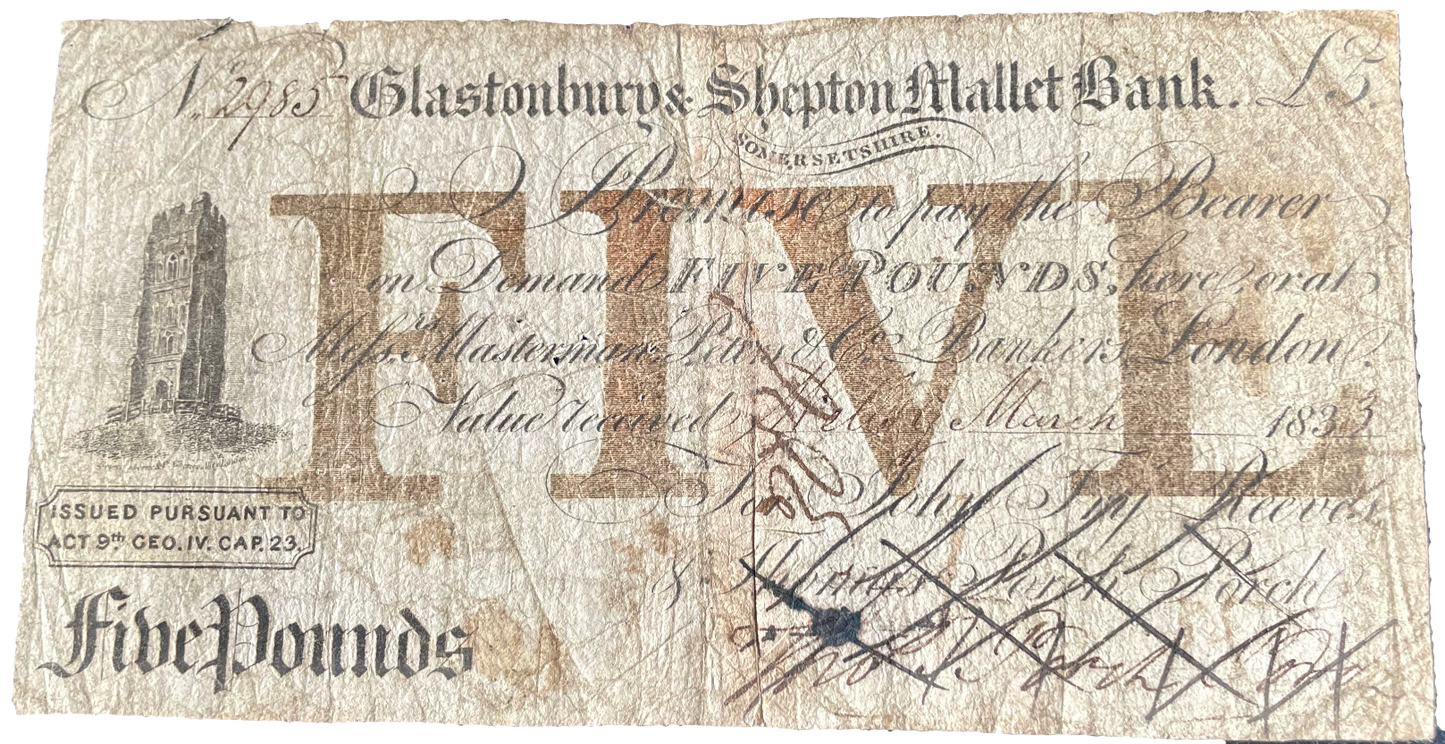 Glastonbury & Shepton Mallet Bank 1818 £5 banknote Outing 818f