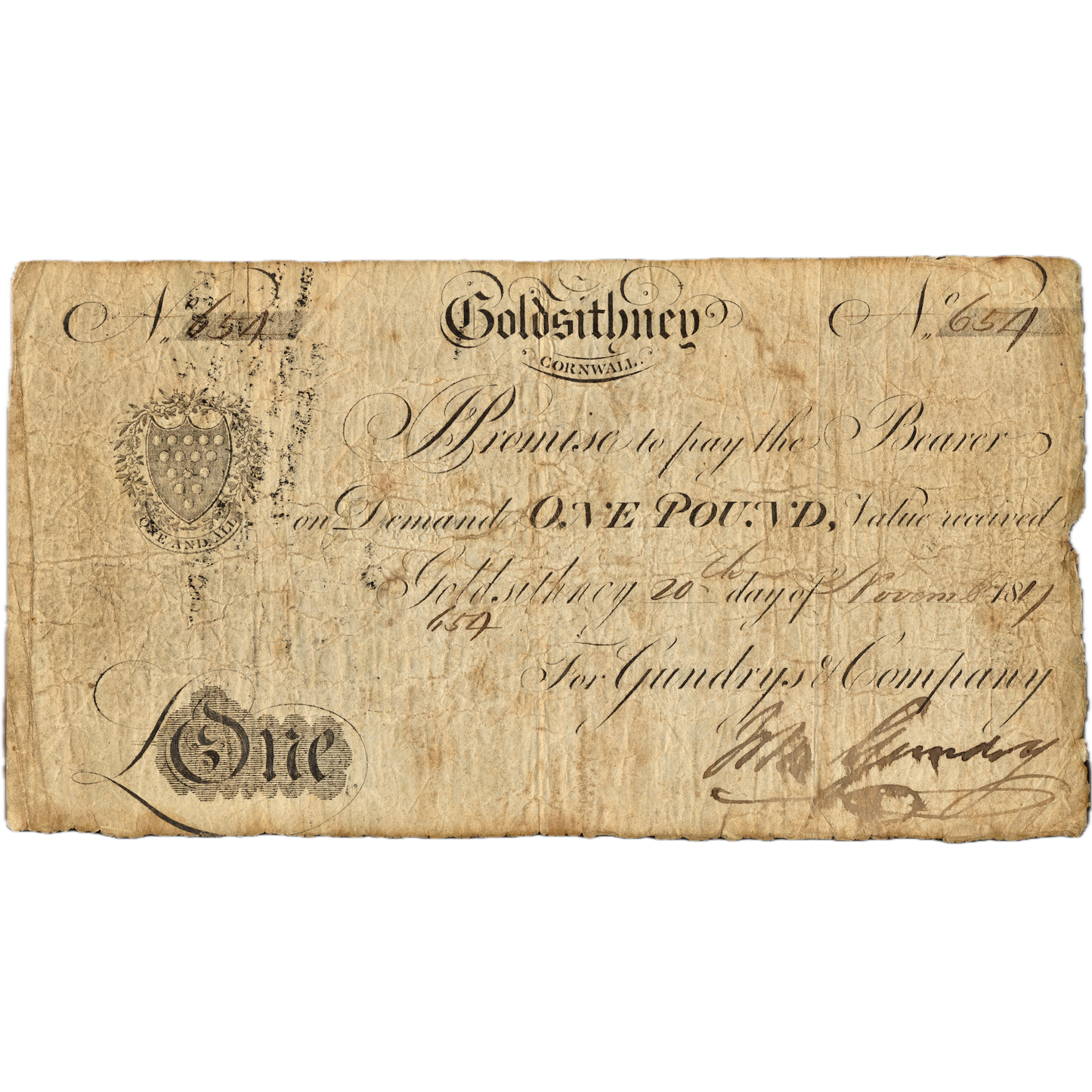 Goldsithney Bank 1817 £1 banknote Outing 833a