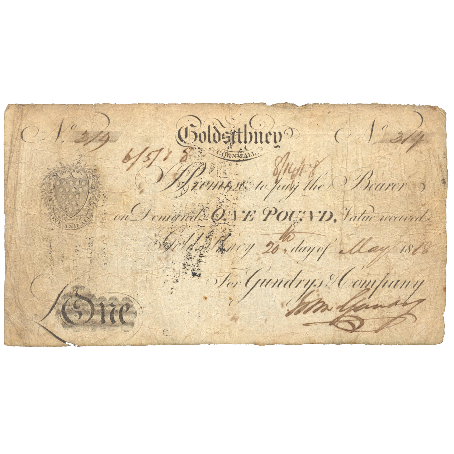 Goldsithney Bank 1818 £1 banknote F Outing 833a
