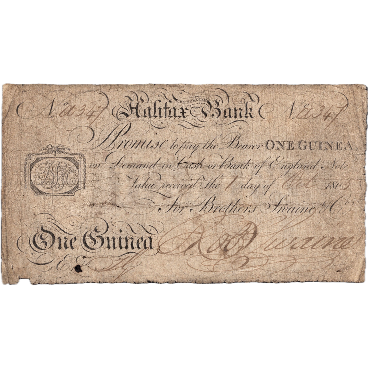 Halifax Commercial Bank 1805 1 Guinea banknote Out 875b