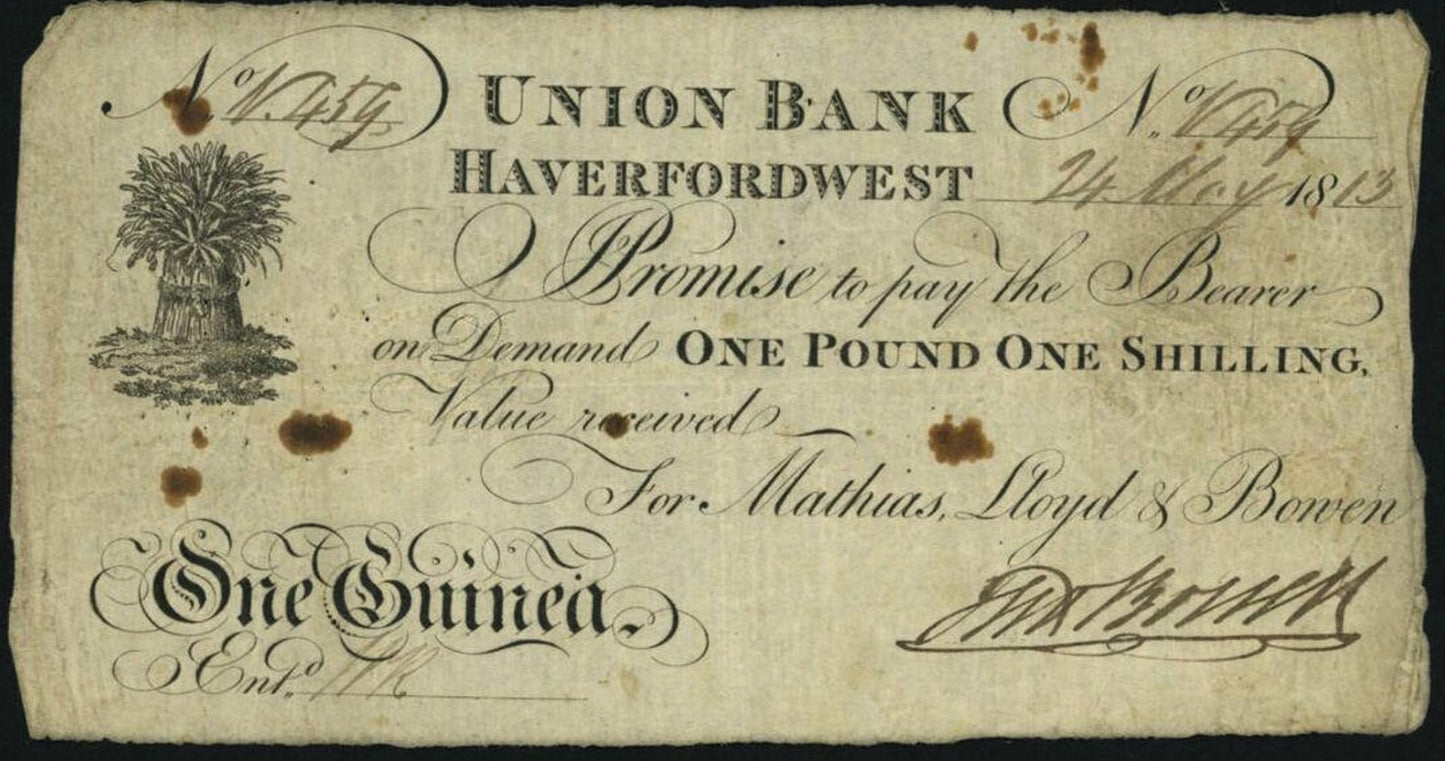 Union Bank Haverfordwest 1813 1 guinea banknote F Outing 913a