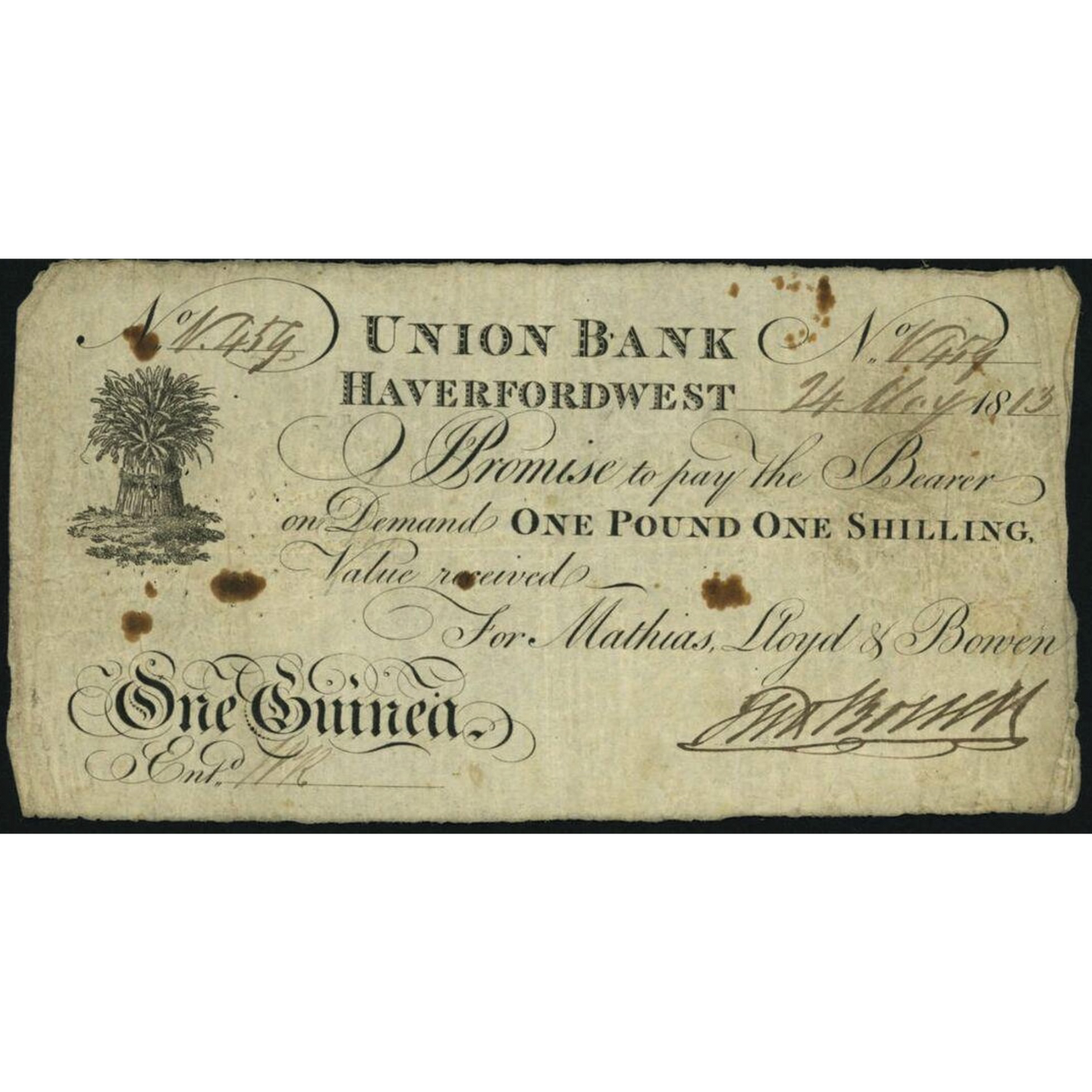 Union Bank Haverfordwest 1813 1 guinea banknote F Outing 913a