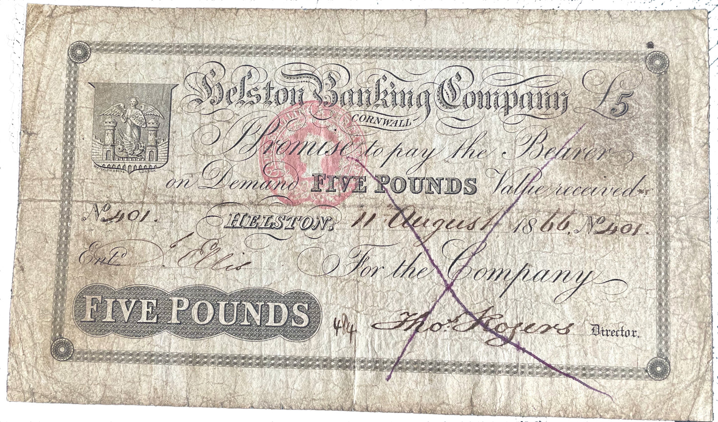 Helston Banking Company 1866 £5 banknote Outing 924