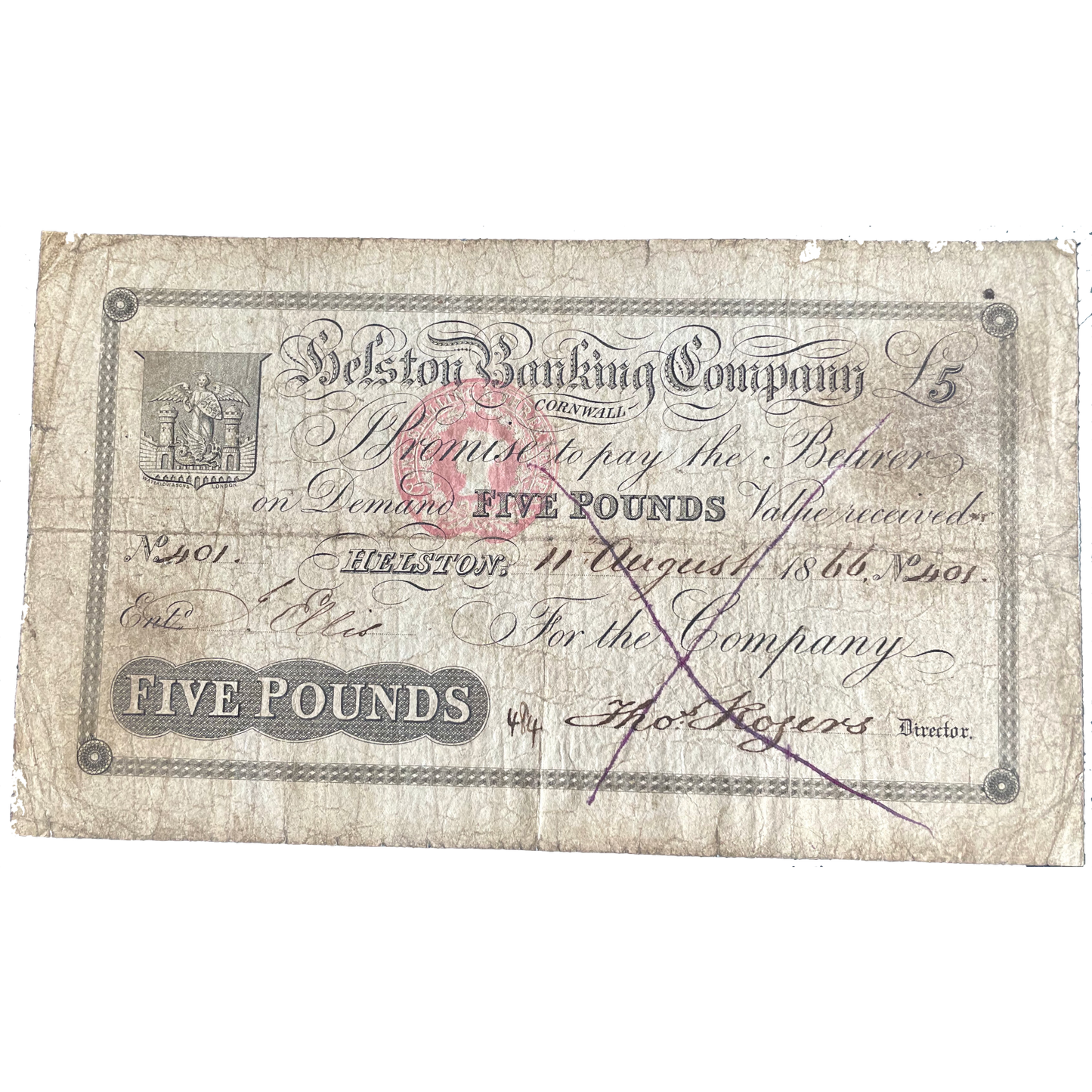 Helston Banking Company 1866 £5 banknote Outing 924