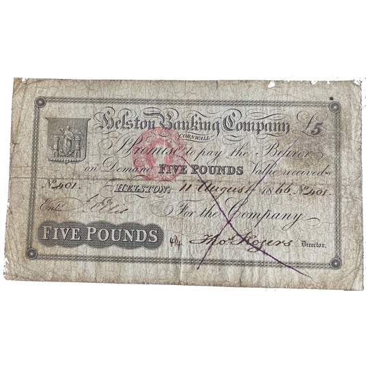 Helston Banking Company 1866 £5 banknote Outing 924
