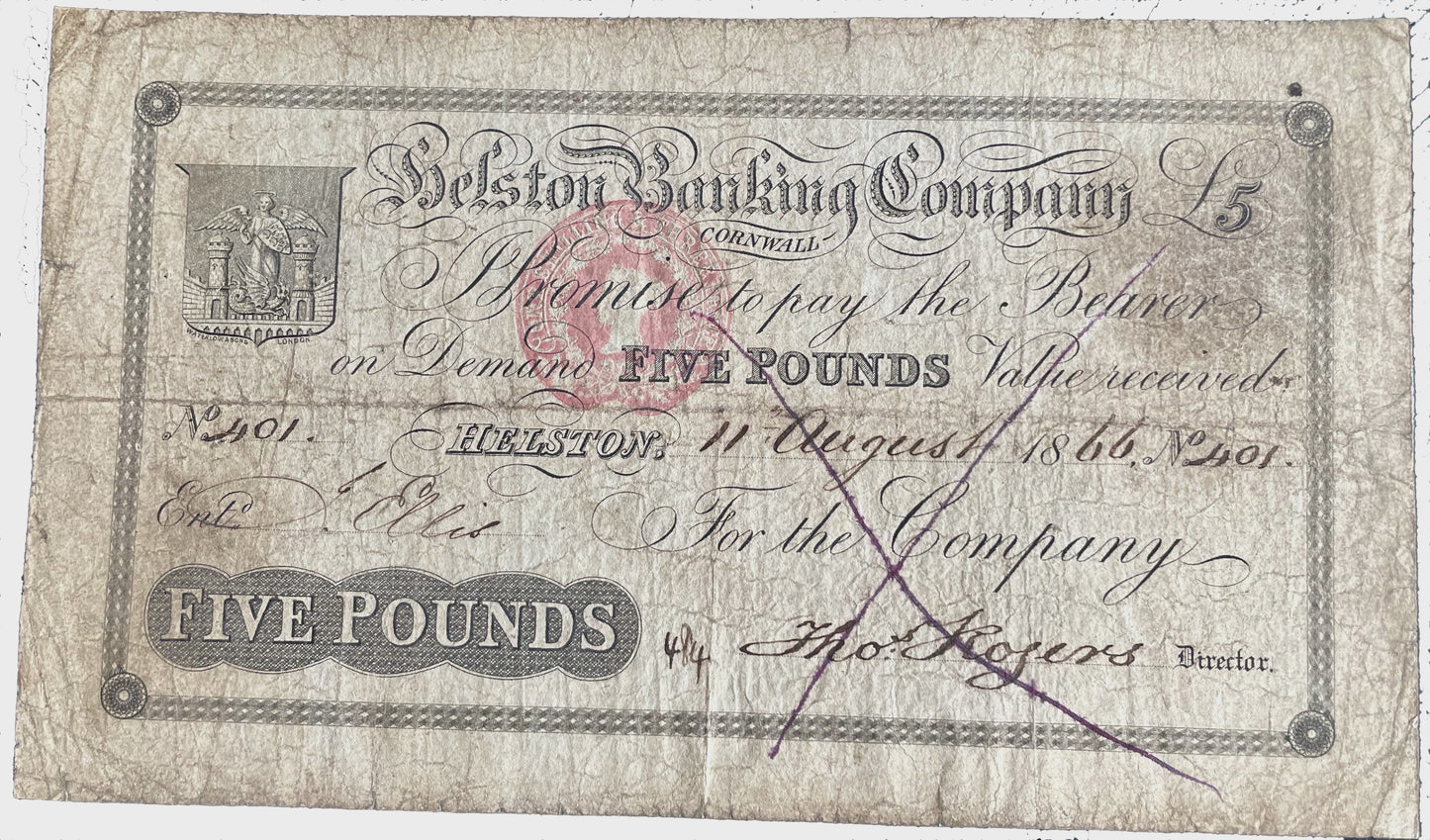Helston Banking Company 1866 £5 banknote Outing 924