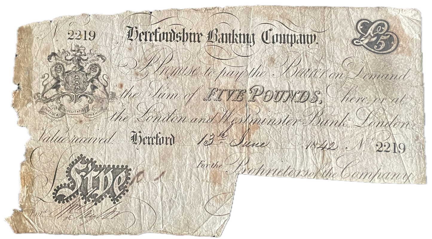 Herefordshire Banking Company 1842 £5 banknote Outing 939a