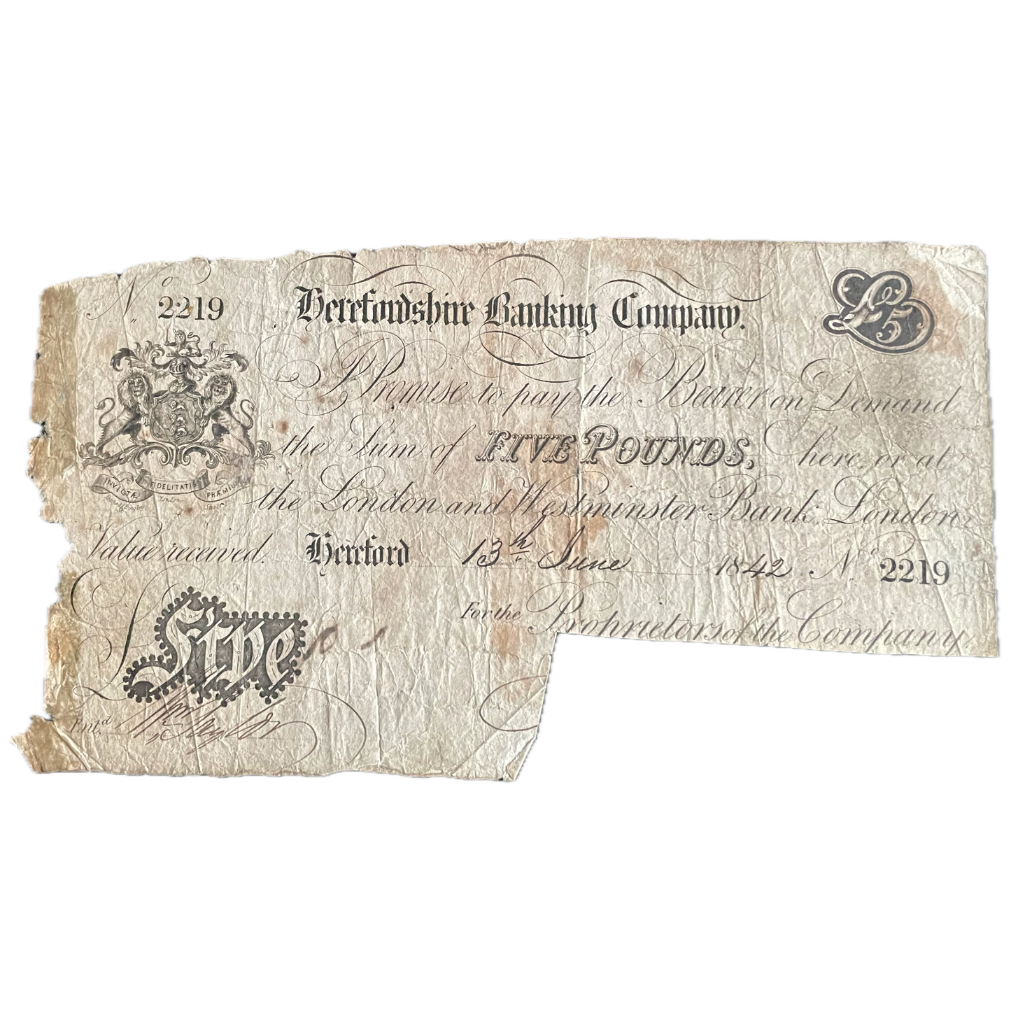 Herefordshire Banking Company 1842 £5 banknote Outing 939a