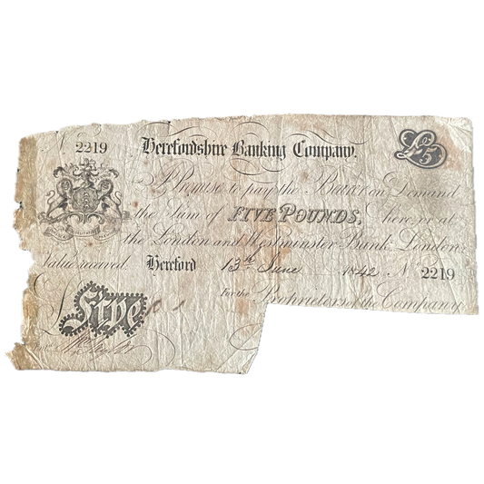 Herefordshire Banking Company 1842 £5 banknote Outing 939a