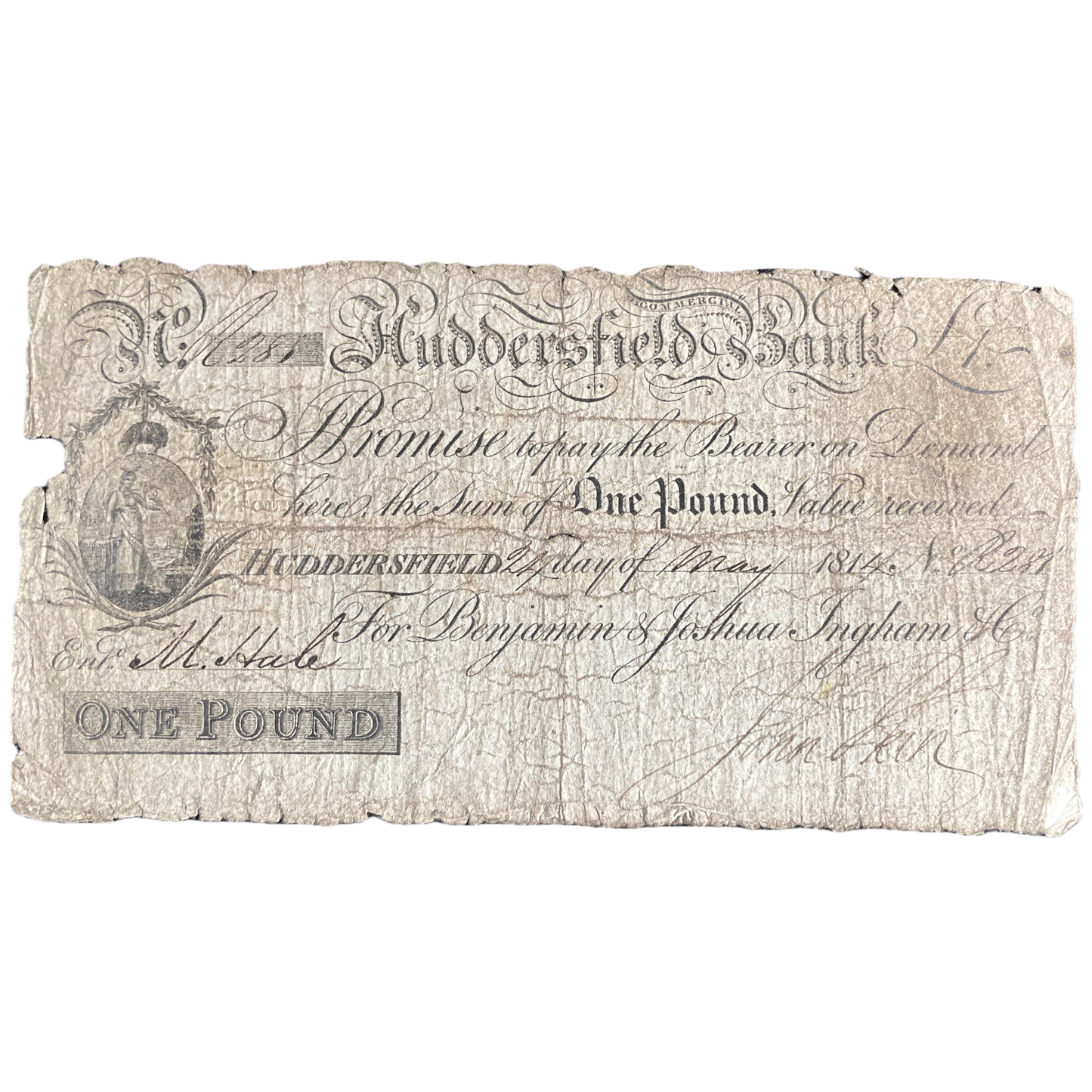 Huddersfield Bank 1814 £1 banknote Outing 1004b