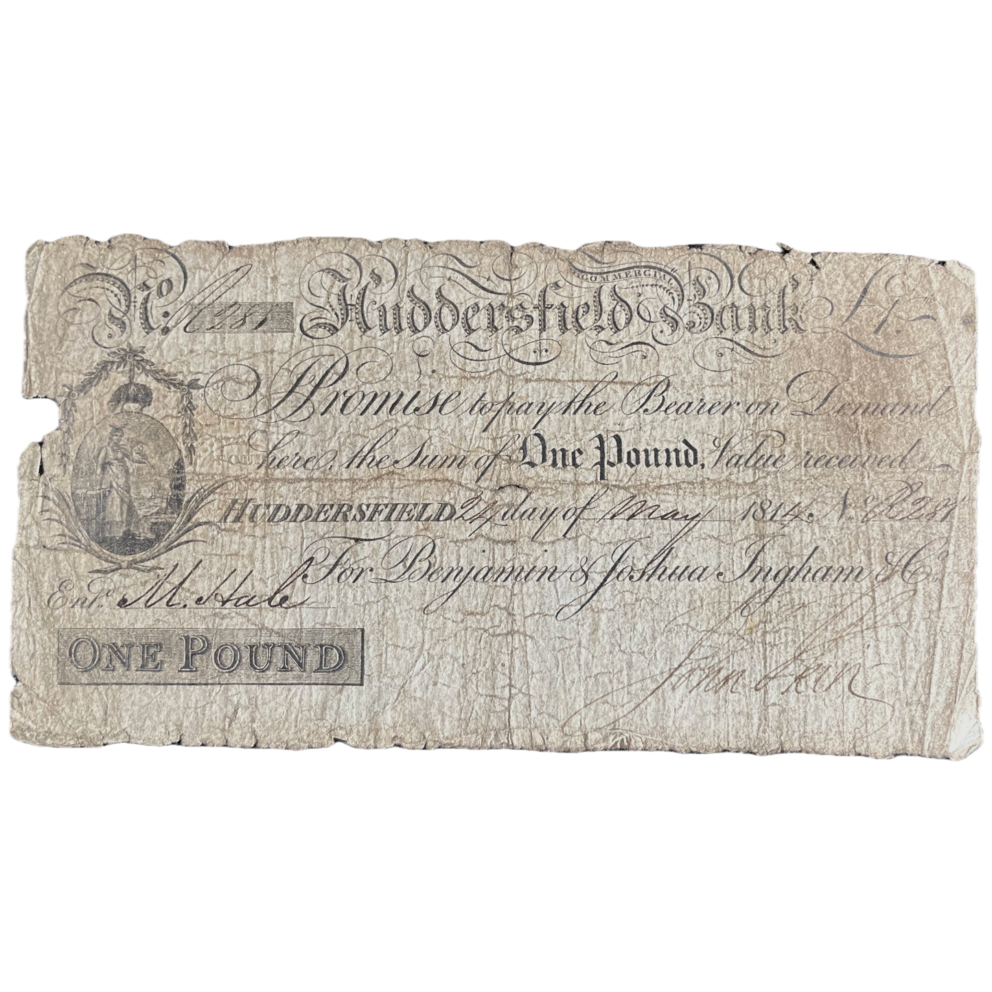 Huddersfield Bank 1814 £1 banknote Outing 1004b