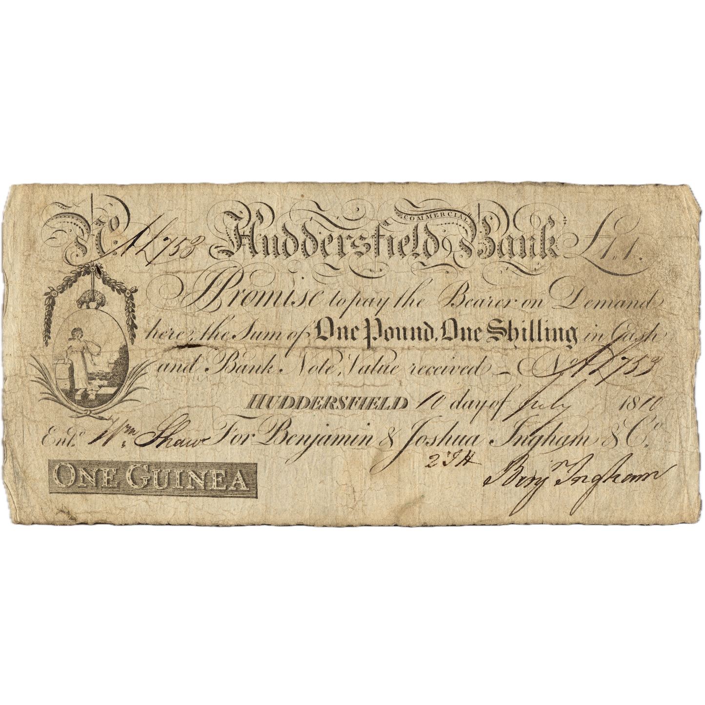 Huddersfield Commercial Bank 1810 1 guinea banknote Outing 1004a
