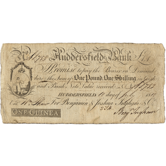 Huddersfield Commercial Bank 1810 1 guinea banknote Outing 1004a