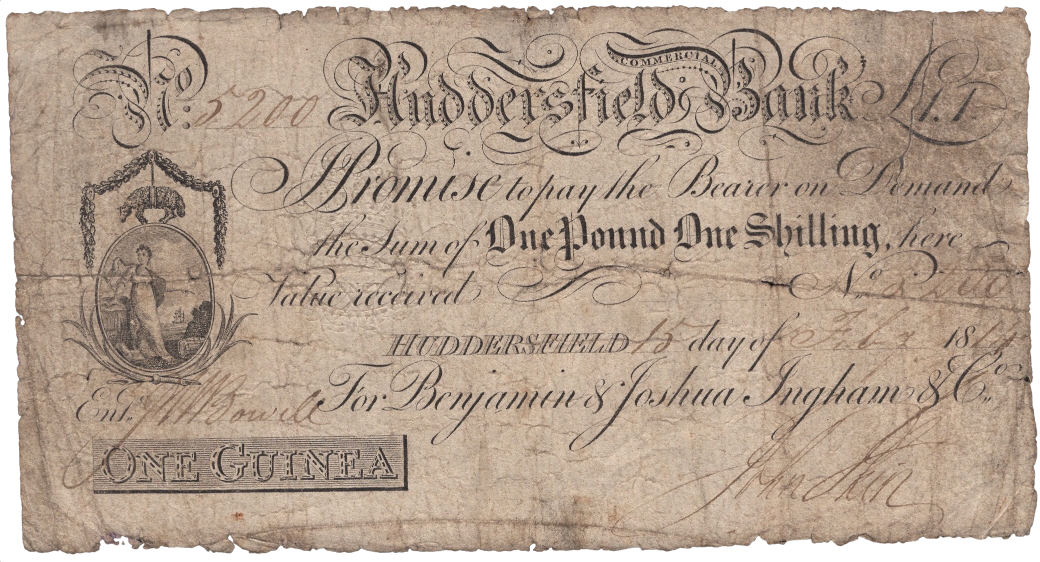 Huddersfield Commercial Bank 1814 1 guinea banknote Outing 1004a