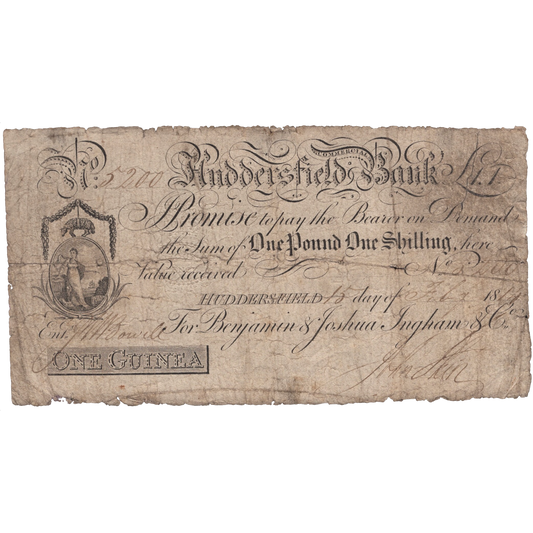 Huddersfield Commercial Bank 1814 1 guinea banknote Outing 1004a