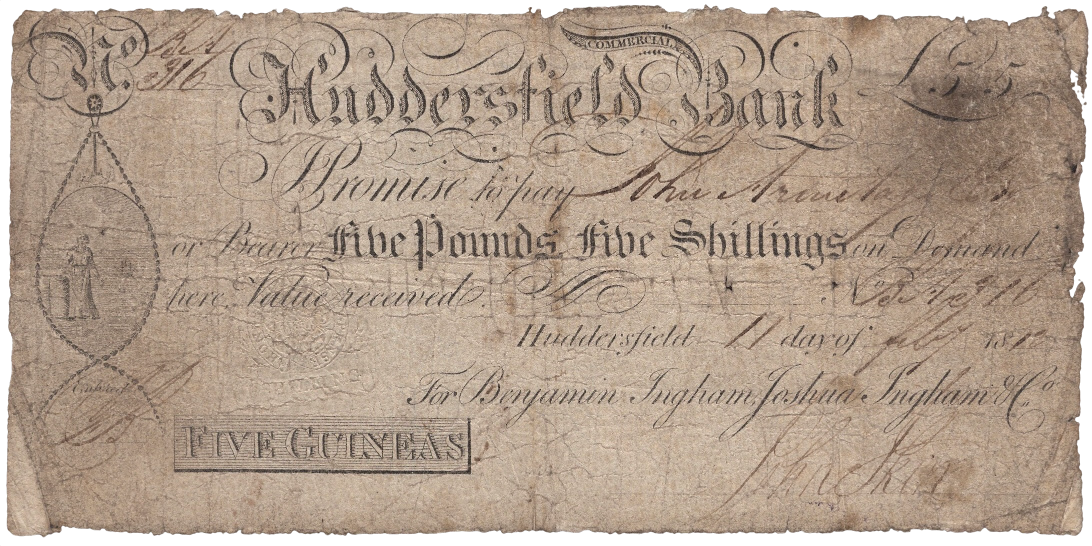 Huddersfield Commercial Bank 1816 5 guineas banknote Outing 1004c