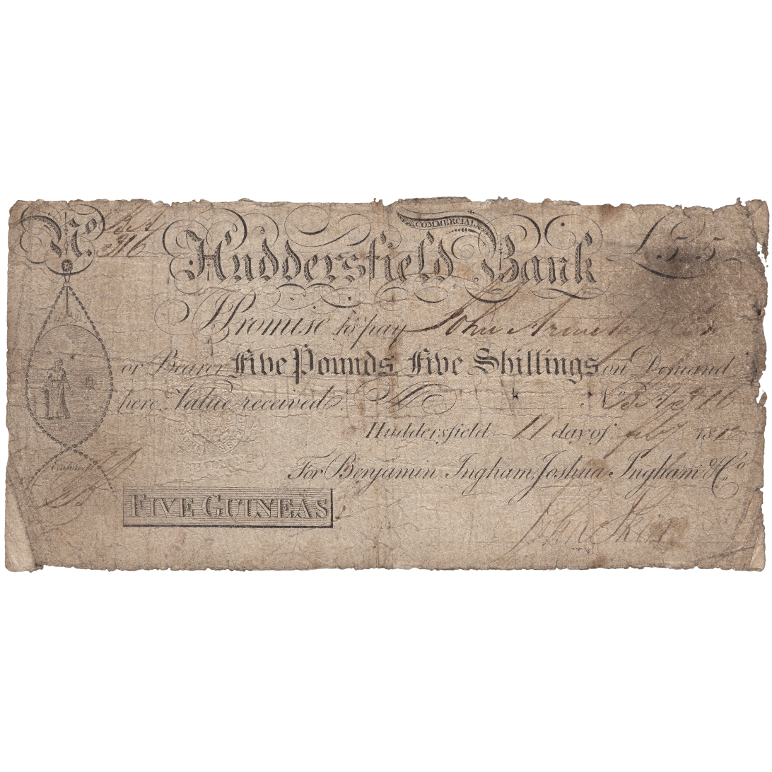 Huddersfield Commercial Bank 1816 5 guineas banknote Outing 1004c