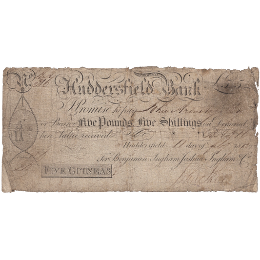 Huddersfield Commercial Bank 1816 5 guineas banknote Outing 1004c