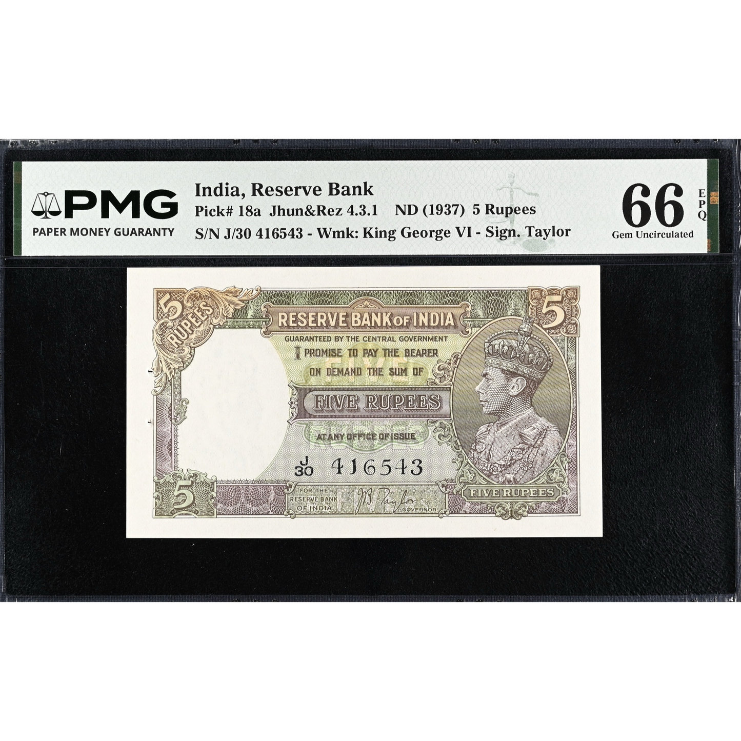 INDIA P.18a 1937 5 Rupees Gem UNC 66 EPQ